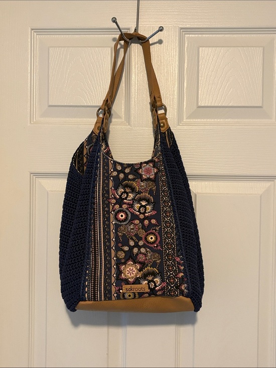 Sakroots Handbags - Sakroots Navy Floral Crochet-Trim Tote with Tan Straps